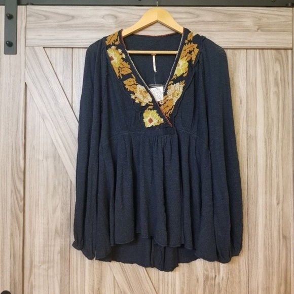 New Free People Rose Red Linen Blend Embroidered Blue - Picture 11 of 16